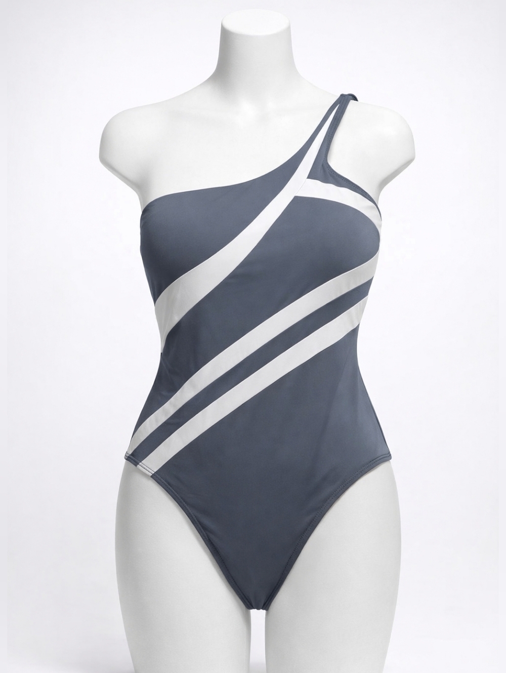 Vintage One-Shoulder Gray & White Striped Swimsuit